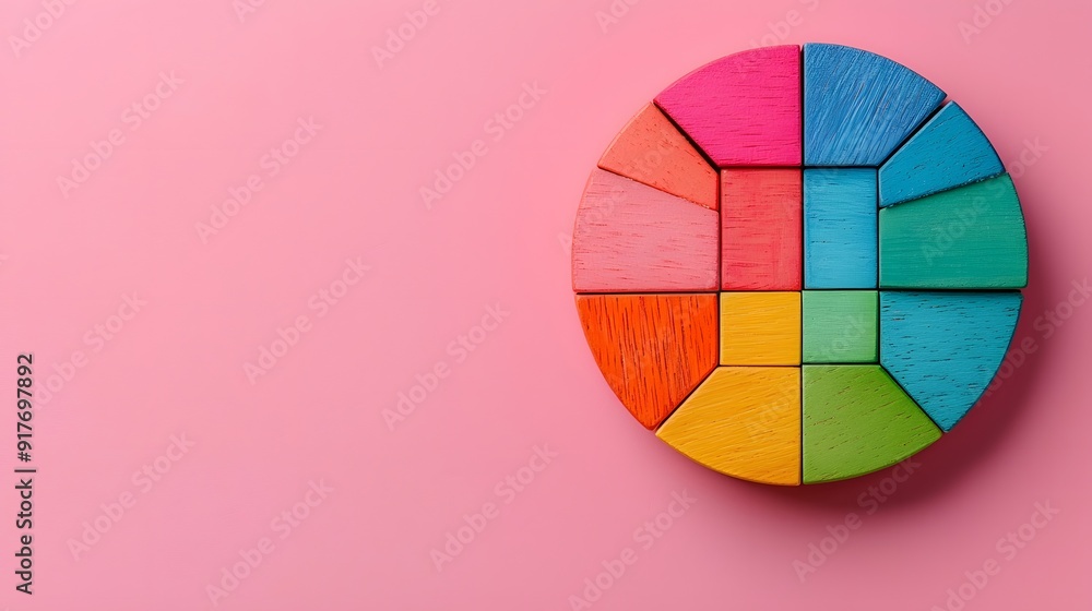 Vivid wooden blocks form a circular pattern on a pink background, creating a lively, vibrant visual effect. Vivid wooden blocks form a circular pattern on a pink background, creating a lively, vibrant visual effect.