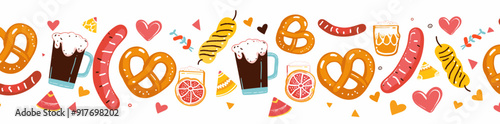 Colorful illustration of a seamless pattern with Oktoberfest food and drinks on a white background.
