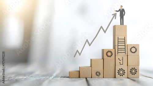 Man in Suit Stands Atop Wooden Blocks with Upward Graph Arrow Indicating Career or Business Growth Potential