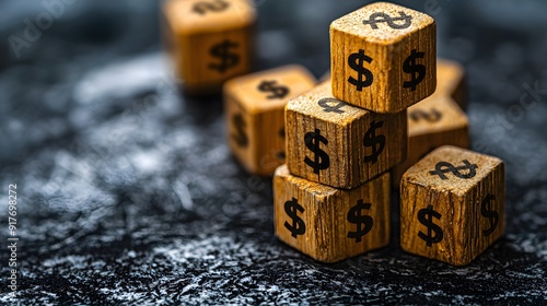 Pyramid of wooden blocks with dollar signs reflecting financial growth against a textured, dark background.