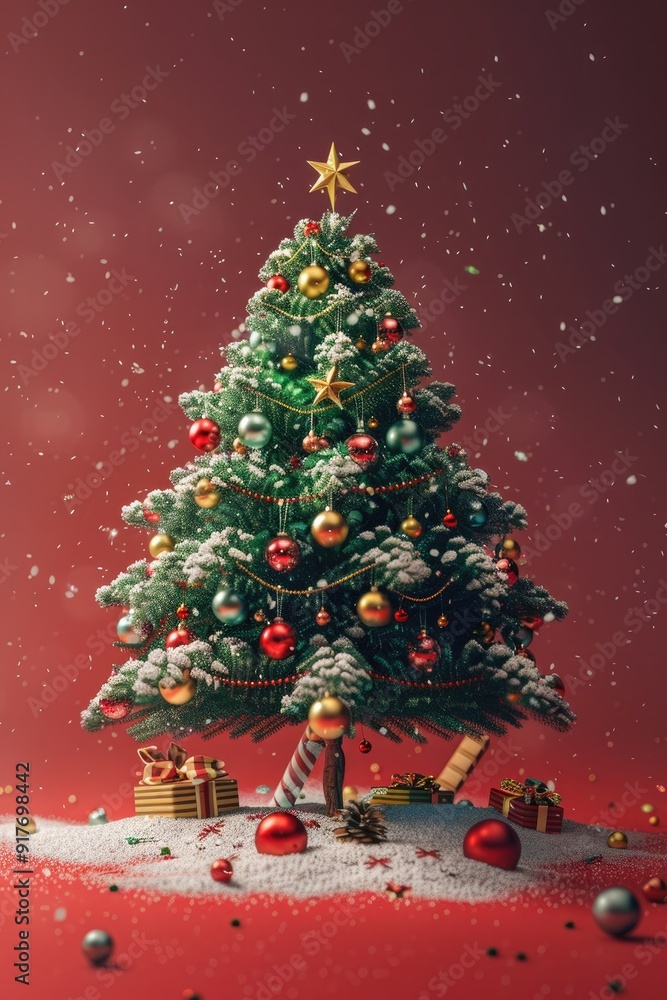 Fototapeta premium A Christmas tree adorned with ornaments lights and snow sits against a red background
