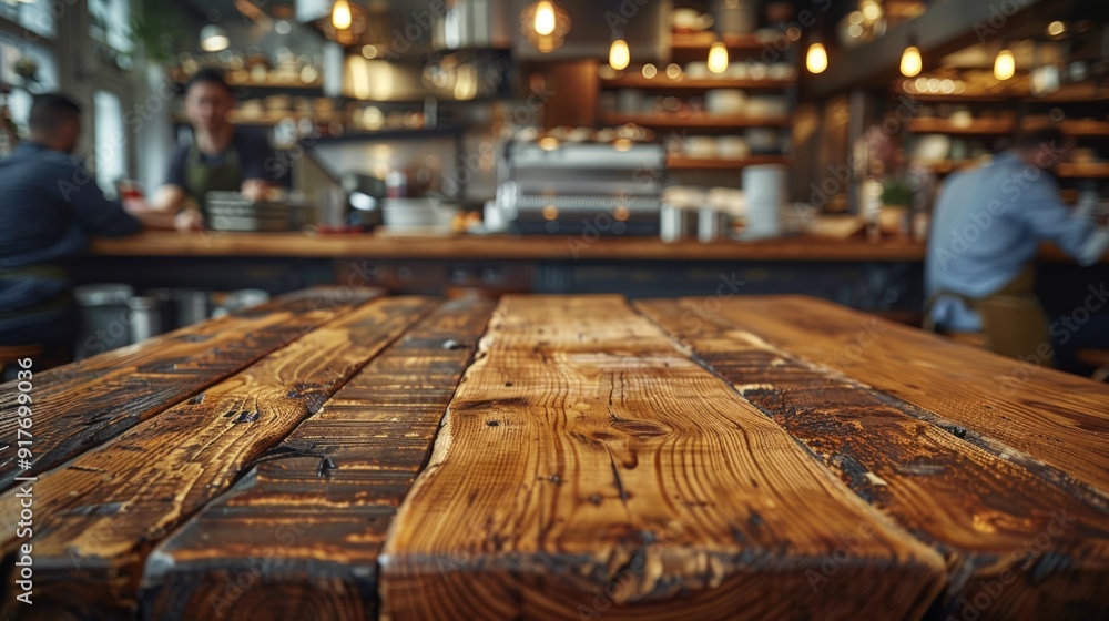 A rustic wooden table sits in the foreground, with a blurry background of a cozy cafe. A rustic wooden table sits in the foreground, with a blurry background of a cozy cafe.