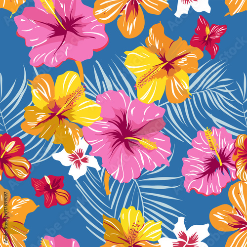 Vibrant seamless pattern featuring pink, yellow, and orange hibiscus flowers on a blue background with palm leaves. Perfect for tropical-themed designs, textile prints, and summery decorations.
