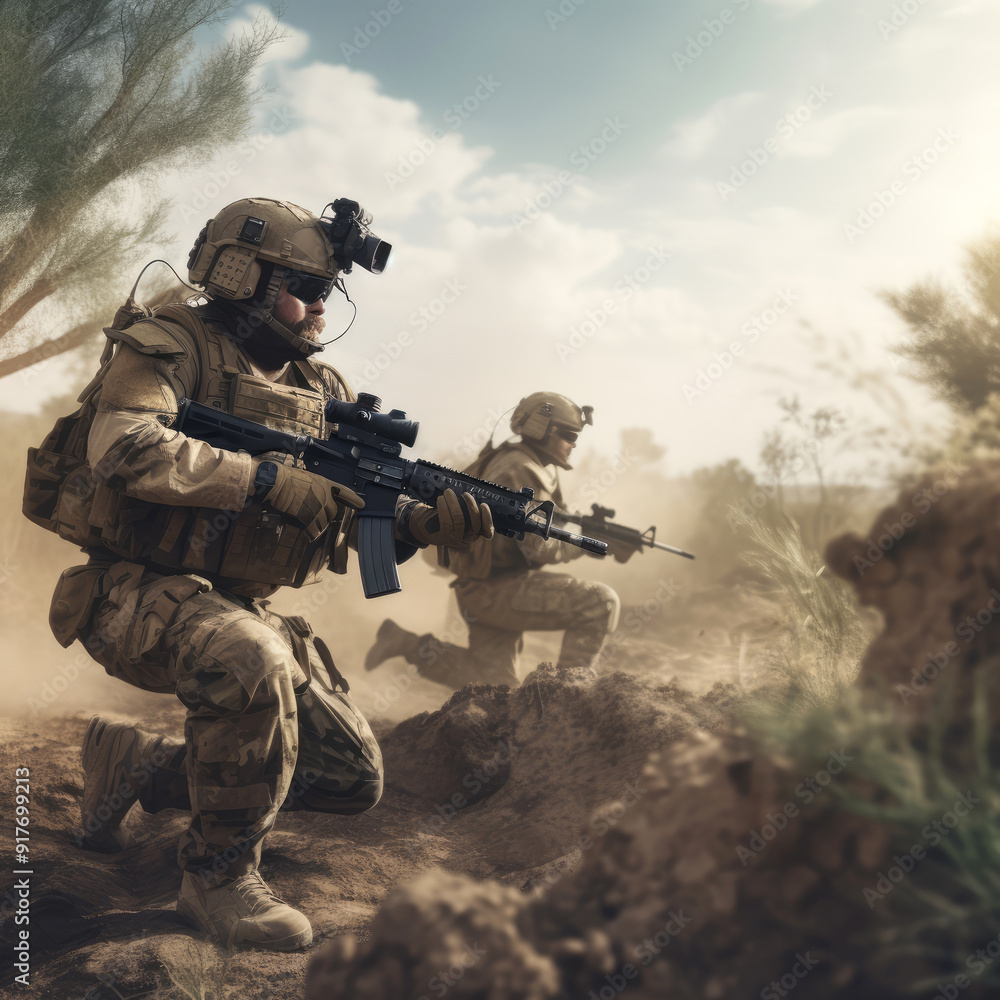 generated Illustration of soldiers in action with tactical gear outdoors