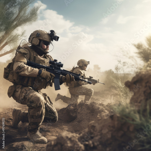 generated Illustration of soldiers in action with tactical gear outdoors