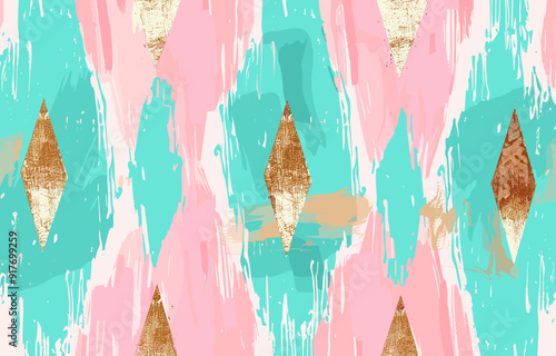 Seamless abstract pattern with pink, turquoise, and gold diamond shapes on a white background. The pattern is created with brushstrokes and has a modern and stylish feel.