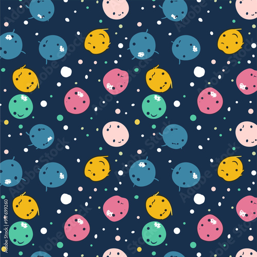 A whimsical pattern of colorful cartoon planets with happy faces, set against a dark blue background with white, yellow, pink, blue, green dots.