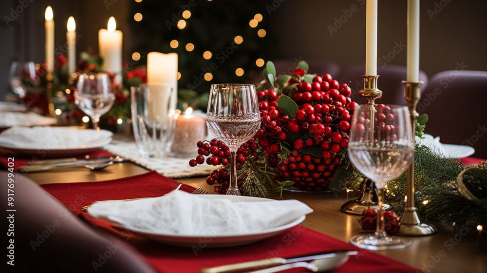 Fototapeta premium Christmas table decor, holiday tablescape and dinner table setting, formal event decoration for New Year, family celebration, English country and home styling inspiration