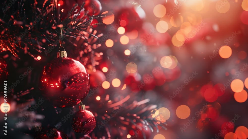 A close up of a red Christmas ornament on a decorated Christmas tree A close up of a red Christmas ornament on a decorated Christmas tree