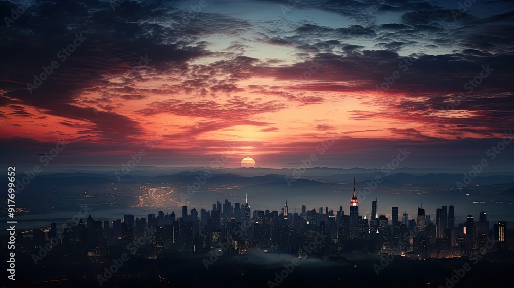 As twilight upon the cityscape, soft focus lights paint a dreamy glow across the skyline, As twilight upon the cityscape, soft focus lights paint a dreamy glow across the skyline,