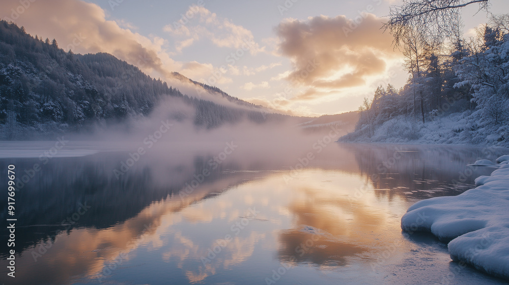 Obraz premium The lake is covered with a thin layer of ice, reflecting the soft light from the sun that filters through the sparse clouds, casting a silvery gleam. 