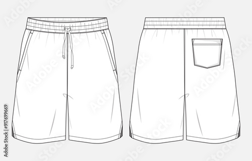 Sports jersey shorts pant technical drawing fashion flat sketch vector illustration front and back views