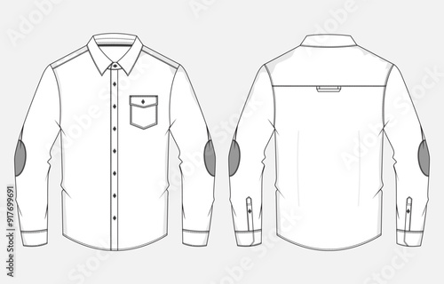 Long sleeve shirt with pocket technical drawing fashion flat sketch vector illustration template front and back views. Garments shirt mock up cad for men's and boys