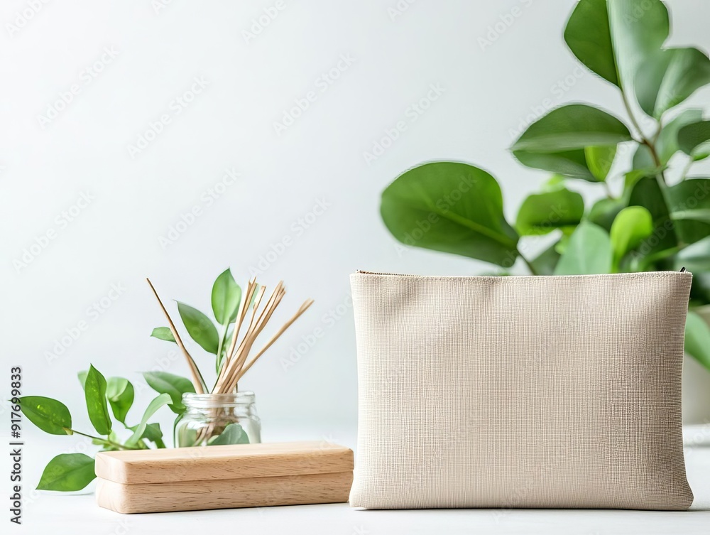 Minimalist beige pouch and greenery with diffuser sticks on a white background. Perfect for eco-friendly and natural lifestyle themes.