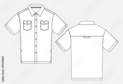 Short sleeve shirt with pocket technical drawing fashion flat sketch vector illustration template front and back views. Garments shirt mock up cad for men's and boys