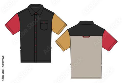 Two tone color Short sleeve shirt with pocket technical drawing fashion flat sketch vector illustration template front and back views. Garments shirt mock up cad for men's and boys