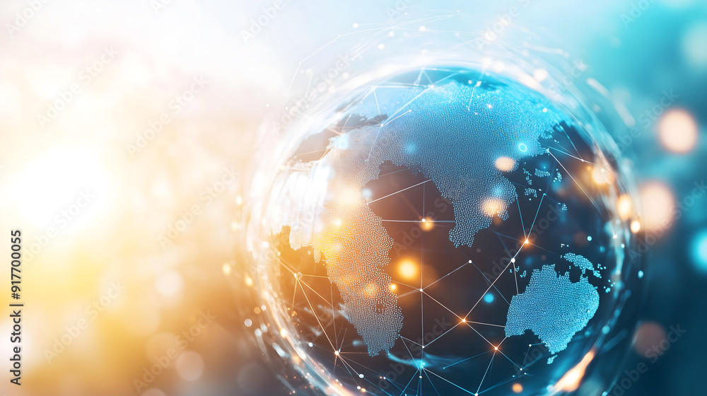 image of the global centered as tech, with glowing pieces showing advances of businesses, with a white background.