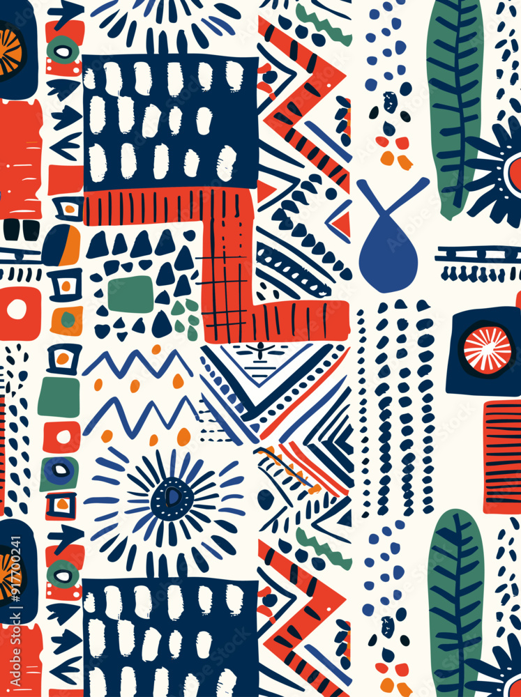 Fototapeta premium Abstract seamless pattern with geometric shapes, lines, and dots in bright colors. Perfect for textile, wallpaper, and other design projects.