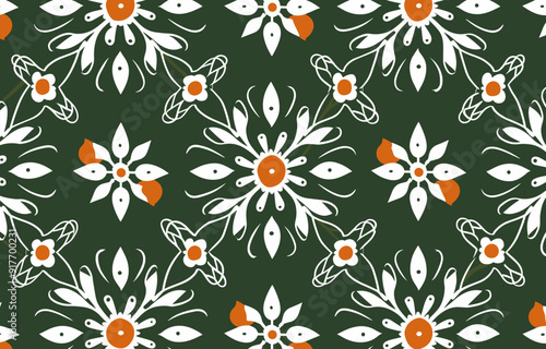 Seamless pattern featuring a green background with white floral designs and orange centers. This repeating pattern is ideal for textile prints, wallpapers, and digital designs.