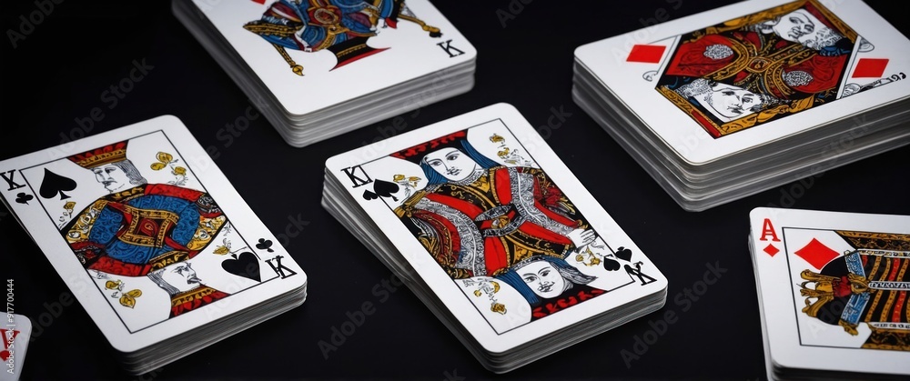 Obraz premium A vibrant set of playing cards scattered on a black background, perfect for games