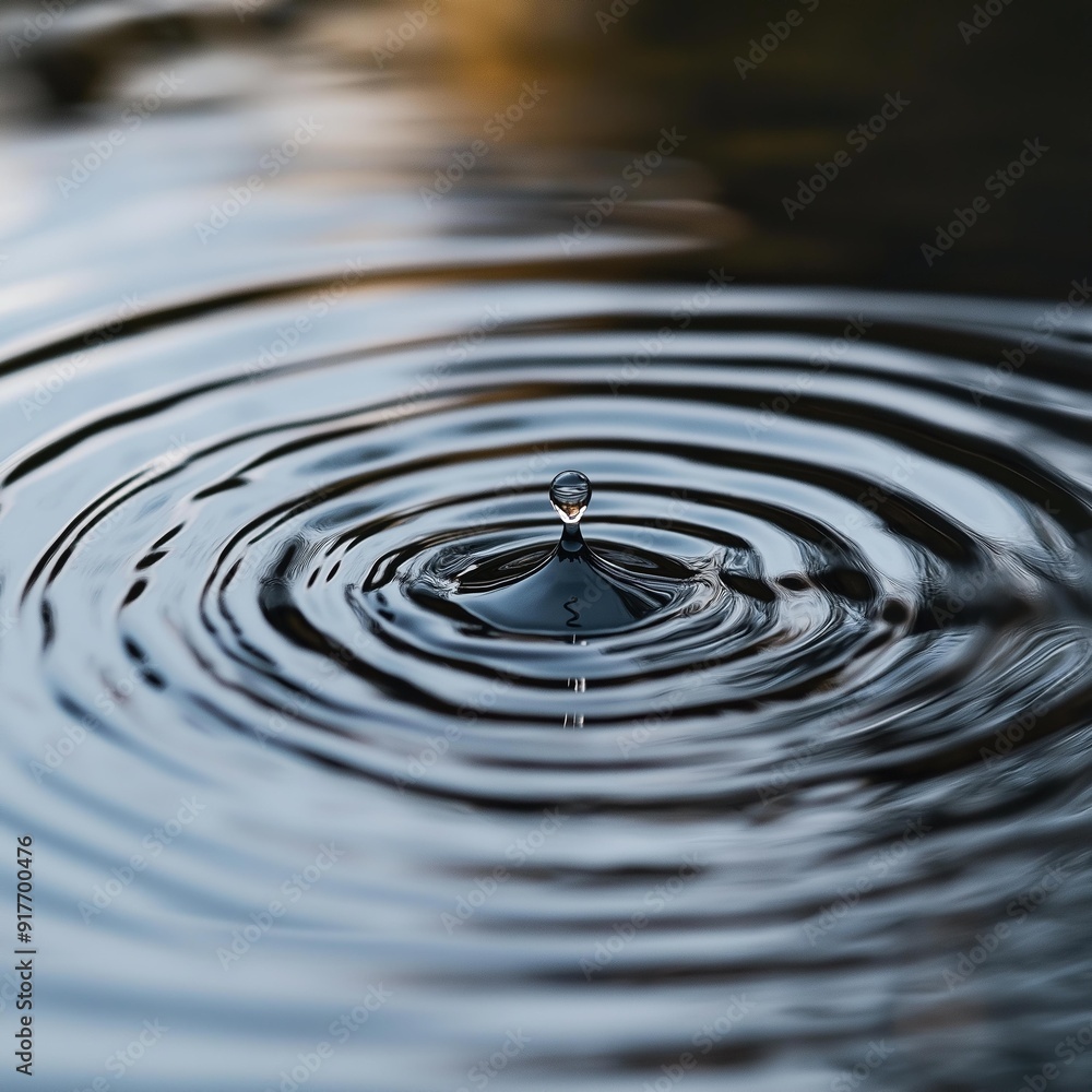 Close-up of a single water droplet creating ripples in a still pool of water. A serene and meditative image capturing the beauty of nature. Close-up of a single water droplet creating ripples in a still pool of water. A serene and meditative image capturing the beauty of nature.