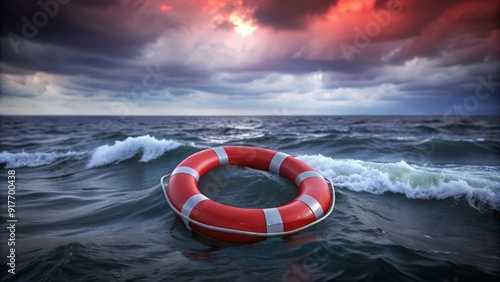 Lifebuoy in Stormy Sea - Hope and Survival - A red lifebuoy floats amidst choppy waves, symbolizing hope, safety, resilience, and the need for rescue in a challenging environment.