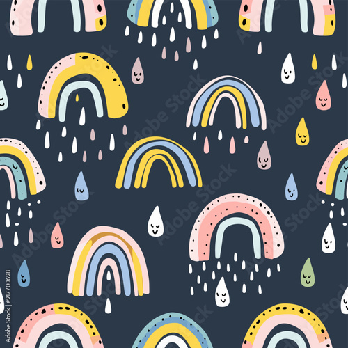 Colorful rainbows and raindrops pattern on dark blue background. Seamless vector illustration for kids, fabric, textile, wallpaper, wrapping paper.