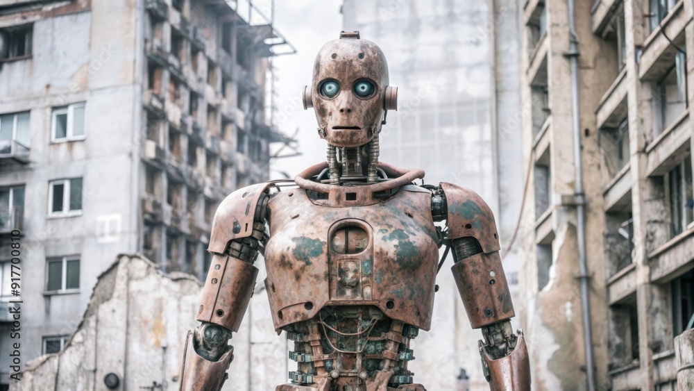 Rusty Robot Standing in a Post-Apocalyptic City - A rusty robot stands in a desolate cityscape, its blue eyes staring into the distance. The robot is a symbol of hope, resilience, and the future of hu Rusty Robot Standing in a Post-Apocalyptic City - A rusty robot stands in a desolate cityscape, its blue eyes staring into the distance. The robot is a symbol of hope, resilience, and the future of hu