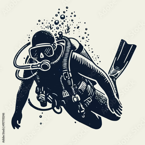 hand drawn scuba diver silhouette