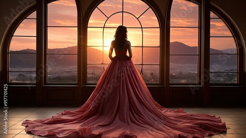 Artistic processing Fantasy girl princess in pink dress stands in medieval room  