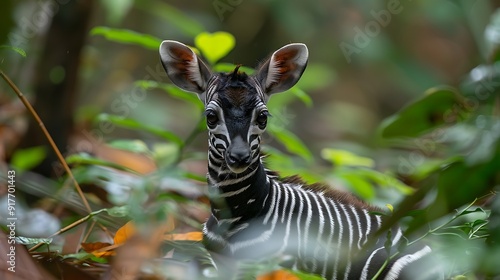 Plakat Elegant okapi in dense Congo rainforest, zebra-like stripes 