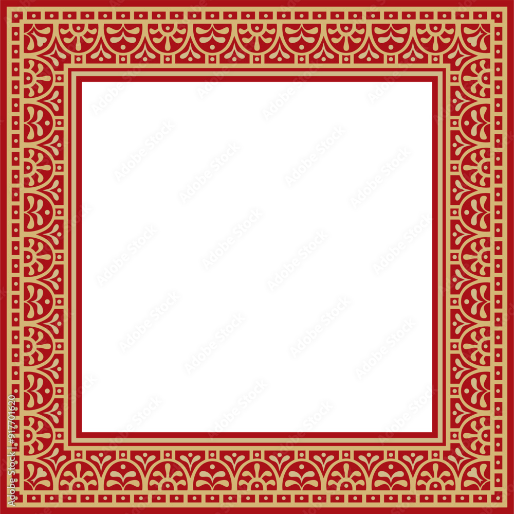 Vector square gold with red border, frame, Pompeii. Rectangle Neopolitan ornament. Art of Ancient Rome. Template for stained glas Vector square gold with red border, frame, Pompeii. Rectangle Neopolitan ornament. Art of Ancient Rome. Template for stained glas