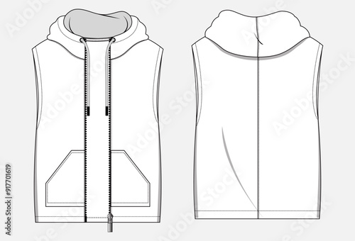 Sleeveless hoodie technical drawing fashion flat sketch vector illustration template front and back views. 