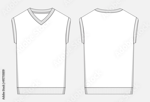 Sleeveless v- neck sweater technical drawing fashion flat sketch vector illustration template front and back views