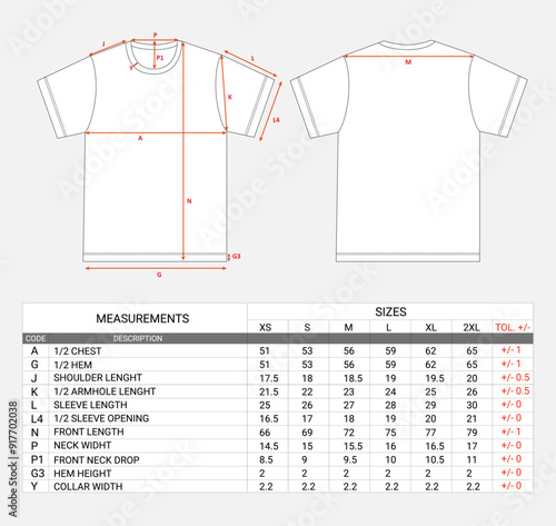 Shorts sleeve t shirt with measurements chart details vector illustration