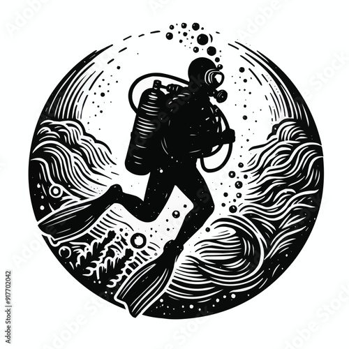 hand drawn scuba diver silhouette