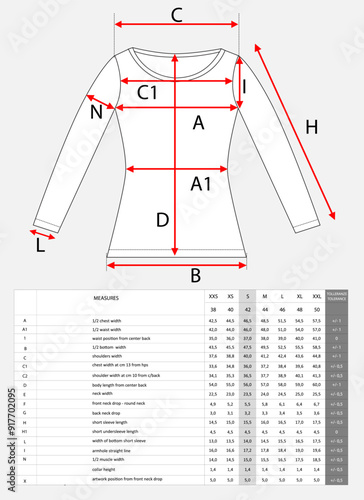 Long sleeve t shirt tops dress design for ladies with measurements chart details vector illustration