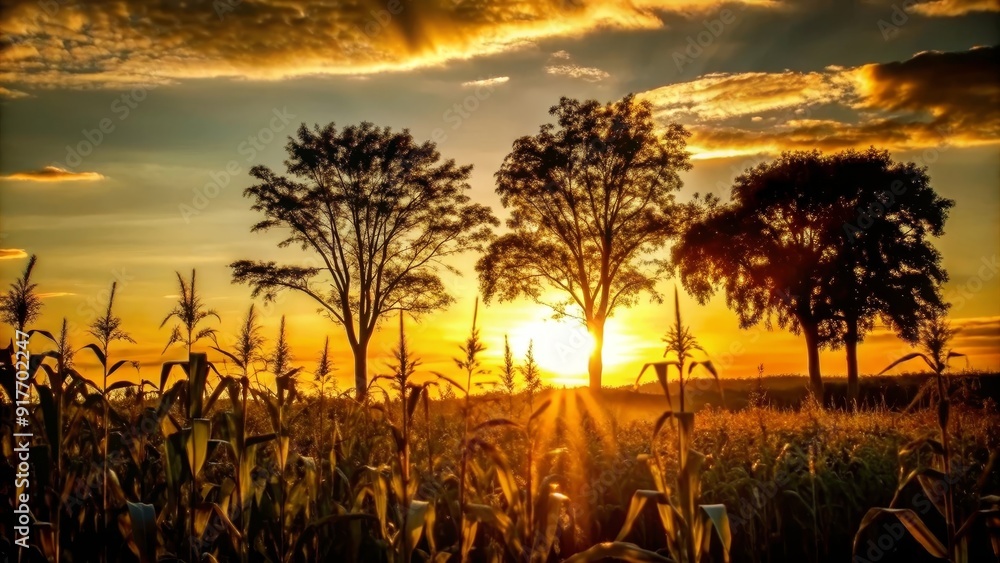 Obraz premium Golden Sunset Over Cornfield with Silhouetted Trees - A captivating sunset paints the sky with vibrant hues of orange and yellow, casting long shadows over a field of corn. Silhouetted trees stand tal