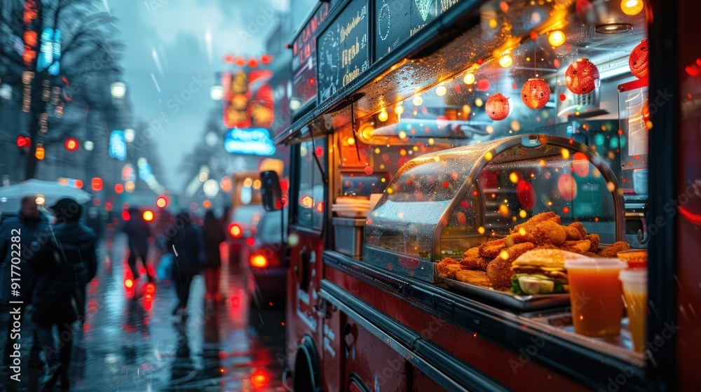 A food truck on a snowy day with fried chicken and fries in the foreground. A food truck on a snowy day with fried chicken and fries in the foreground.