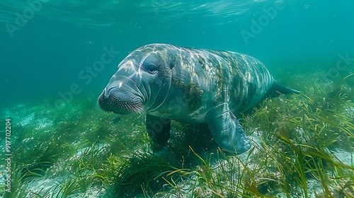 Gentle dugong grazing on seagrass meadow, clear waters 