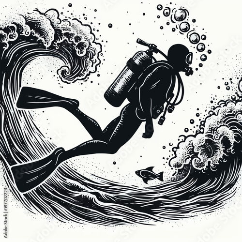 hand drawn scuba diver silhouette