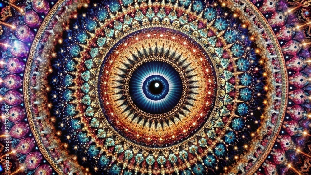 Cosmic Eye Mandala: A Psychedelic Journey into the Universe - This mesmerizing image features a vibrant, multi-colored mandala with an all-seeing eye at its center, symbolizing spiritual awakening, wi Cosmic Eye Mandala: A Psychedelic Journey into the Universe - This mesmerizing image features a vibrant, multi-colored mandala with an all-seeing eye at its center, symbolizing spiritual awakening, wi