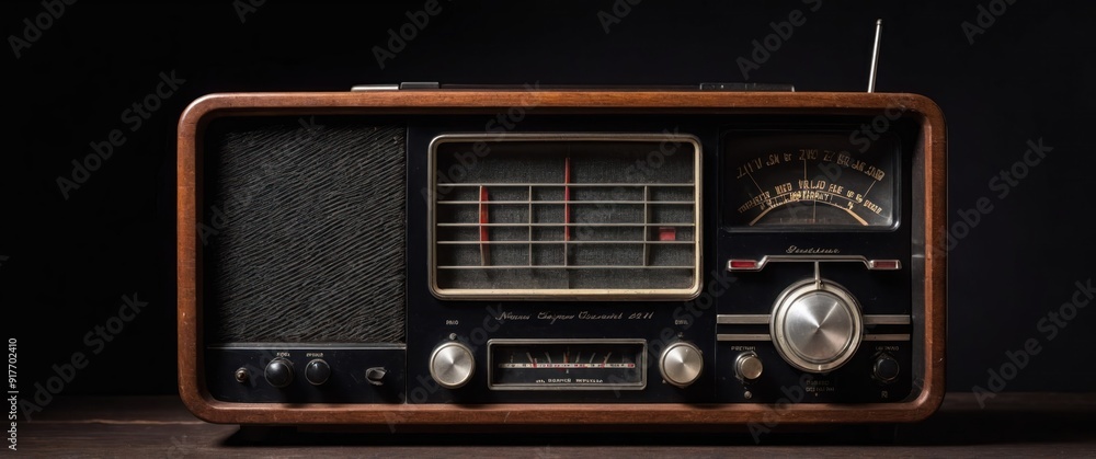 Fototapeta premium A vintage radio on a black background, showcasing retro charm and nostalgia