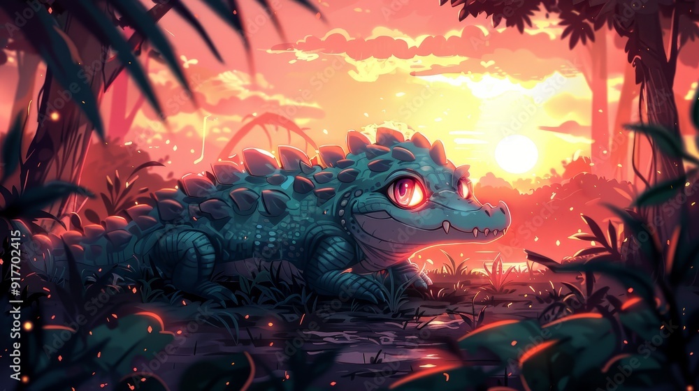 Fototapeta premium Cute Crocodile Watching Sunset
