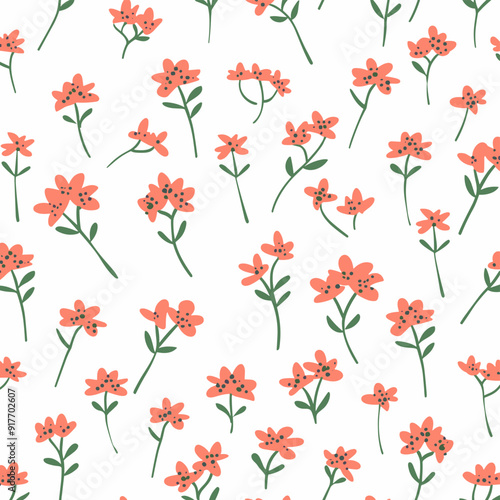 Seamless pattern with scattered hand-drawn peach flowers on a white background. Ideal for textile prints, wallpaper, and packaging.