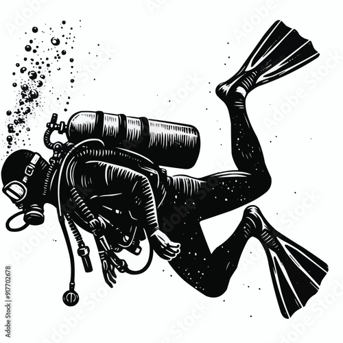 hand drawn scuba diver silhouette