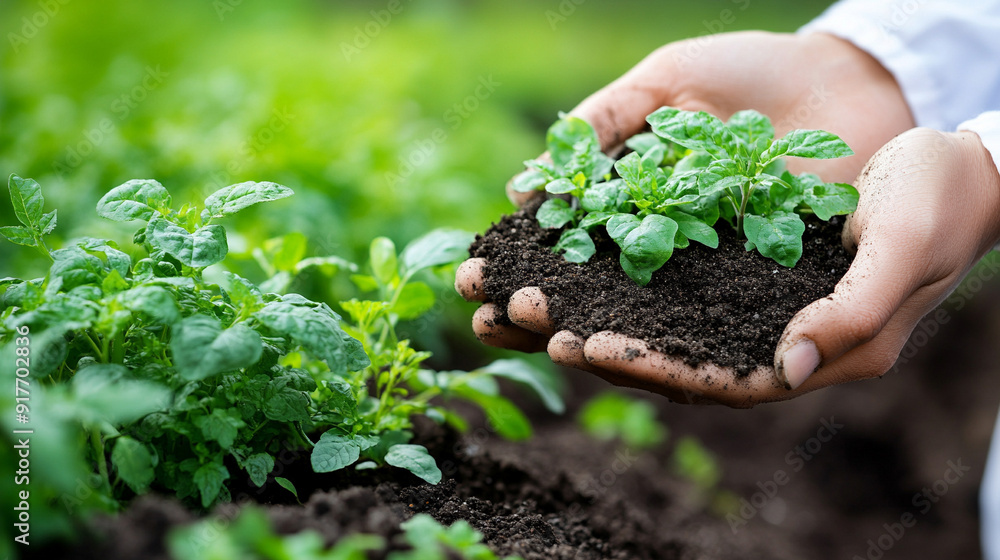 hand gently holding a sample of rich, dark soil, symbolizing care for the environment, sustainable agriculture, and the connection between humans and the Earth hand gently holding a sample of rich, dark soil, symbolizing care for the environment, sustainable agriculture, and the connection between humans and the Earth
