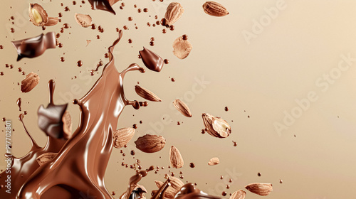 Nuts and chocolate splash, food dessert and confectionery industry photo