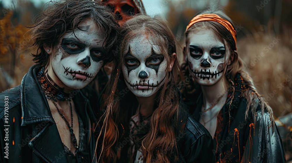Group of young adults with ghostly face paint posing for a photo Group of young adults with ghostly face paint posing for a photo
