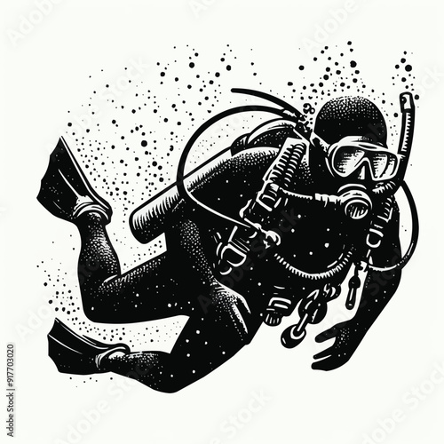 hand drawn scuba diver silhouette